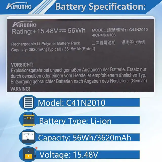Alt view image 2 of 5 - AURUNHO C41N2010 Laptop Battery Replacement for ASUS ROG Strix G15 G513 G513IC G513IE G513IH G513QC G513QE ROG Strix G17 G713 G713QE Series 15.48V 56Wh