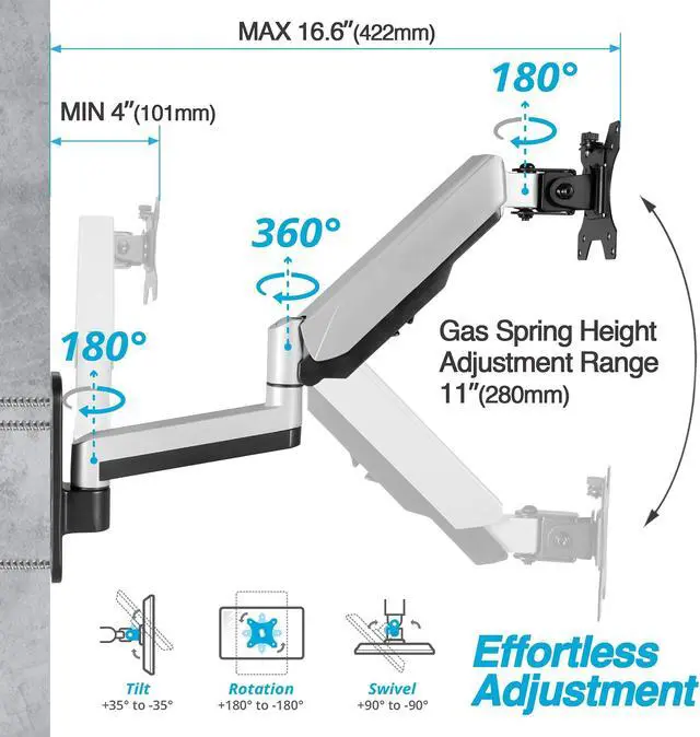 Alt view image 3 of 5 - AVLT Single Extended 13"-32" Monitor Wall Mount fits Flat/Curved Computer Monitor Full Motion Height Swivel Tilt Rotation Adjustable Monitor Arm - VESA/Cable Management