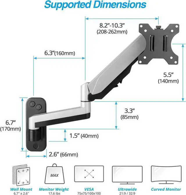 Alt view image 2 of 5 - AVLT Single Extended 13"-32" Monitor Wall Mount fits Flat/Curved Computer Monitor Full Motion Height Swivel Tilt Rotation Adjustable Monitor Arm - VESA/Cable Management