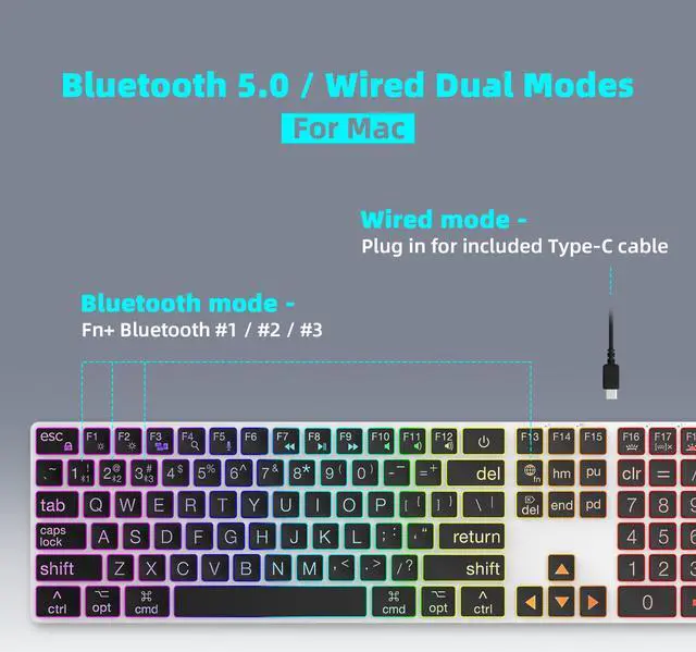 Alt view image 3 of 5 - B.FRIENDIT Large Print Aluminum Backlit Keyboard Bluetooth+Wired Dual Mode, Multi-Device for Mac, 7 Backlit Modes, Rechargeable, Oversize Letters Easy to See & Type, Slim Quiet, K2BW - Silver Black