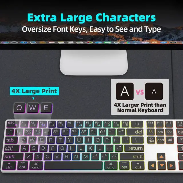 Alt view image 2 of 5 - B.FRIENDIT Large Print Aluminum Backlit Keyboard Bluetooth+Wired Dual Mode, Multi-Device for Mac, 7 Backlit Modes, Rechargeable, Oversize Letters Easy to See & Type, Slim Quiet, K2BW - Silver Black