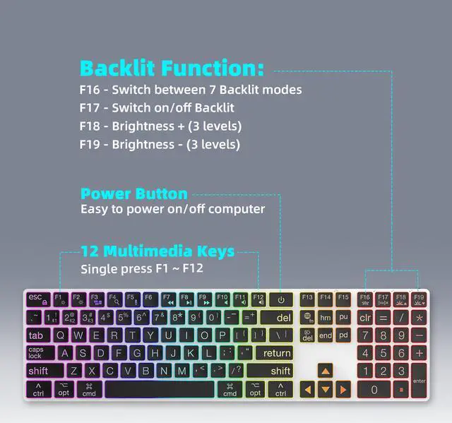 Alt view image 5 of 5 - B.FRIENDIT Large Print Aluminum Backlit Keyboard Bluetooth+Wired Dual Mode, Multi-Device for Mac, 7 Backlit Modes, Rechargeable, Oversize Letters Easy to See & Type, Slim Quiet, K2BW - Silver Black