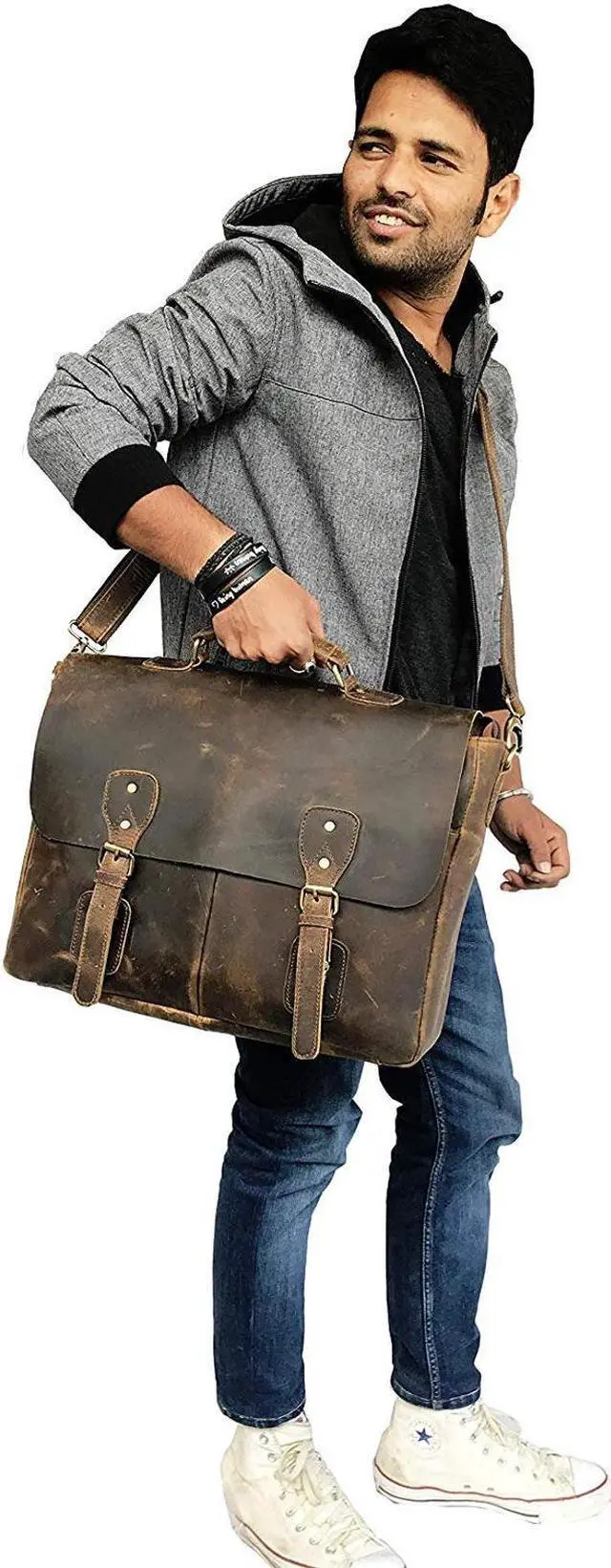 Alt view image 5 of 5 - 18 Inch Vintage Handmade Leather Messenger Bag for Laptop Briefcase Best Computer Satchel School Distressed Bag (16 inch, Brown)
