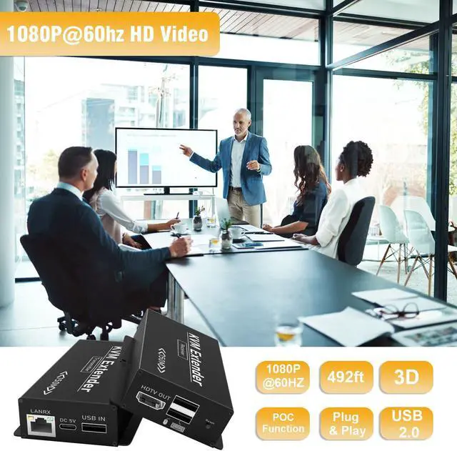 Alt view image 3 of 5 - 492FT HDMI KVM USB Extender Over Cat5e/6/7 - HDMI to RJ45 Ethernet Extender Balun 1080P@60hz HDMI Transmitter Receiver Support Keyboard Mouse USB Control No Latency POC Function Single Power Supply