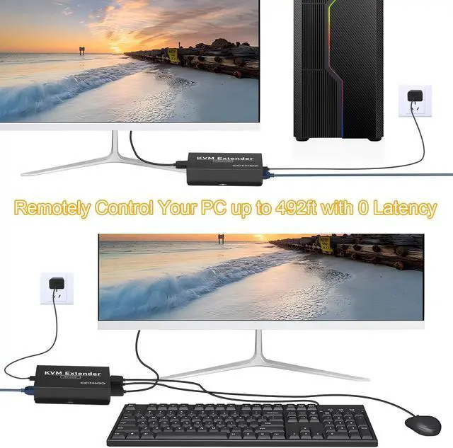Alt view image 4 of 5 - 492FT HDMI KVM USB Extender Over Cat5e/6/7 - HDMI to RJ45 Ethernet Extender Balun 1080P@60hz HDMI Transmitter Receiver Support Keyboard Mouse USB Control No Latency POC Function Single Power Supply