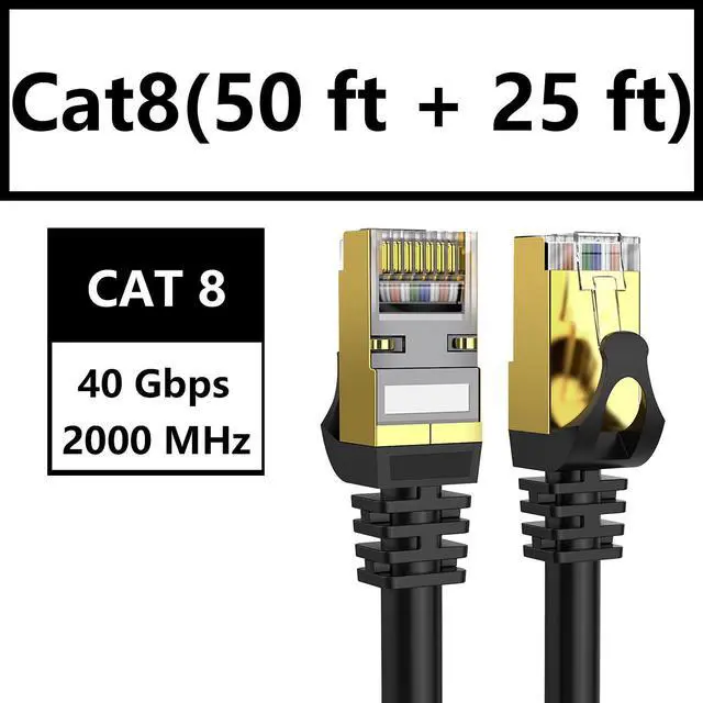 Main image of Cat8 (50ft + 25ft)Ethernet Cable Shielded, 26AWG Lastest Solid SFTP Patch Cord, Heavy Duty High Speed Cat8 LAN Network RJ45 Cable- in Wall, Outdoor, Weatherproof Rated for Router, Modem, Gaming
