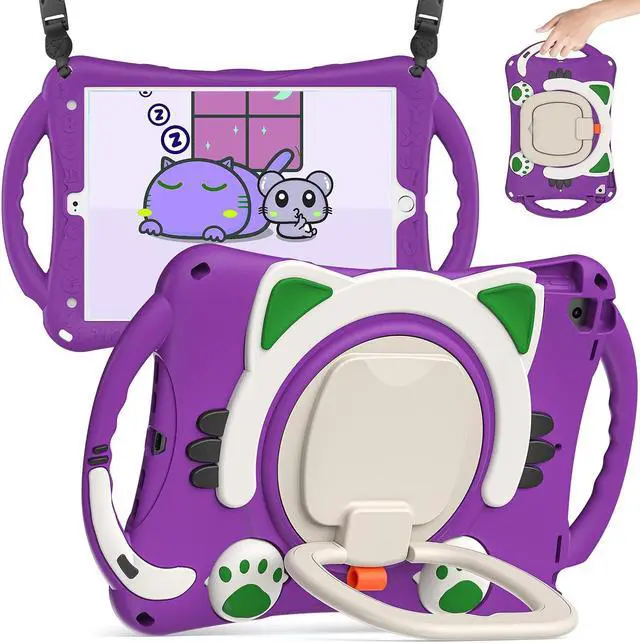 Main image of BATYUE Case for iPad 9th/8th/7th Generation 10.2 inch (2021/2020/2019), with Rotating Stand, Pencil Holder, Carrying Shoulder Strap, Cute Cat Case for Kids (Purple)