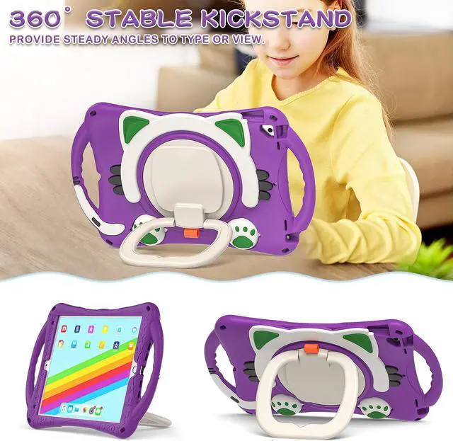 Alt view image 3 of 5 - BATYUE Case for iPad 9th/8th/7th Generation 10.2 inch (2021/2020/2019), with Rotating Stand, Pencil Holder, Carrying Shoulder Strap, Cute Cat Case for Kids (Purple)