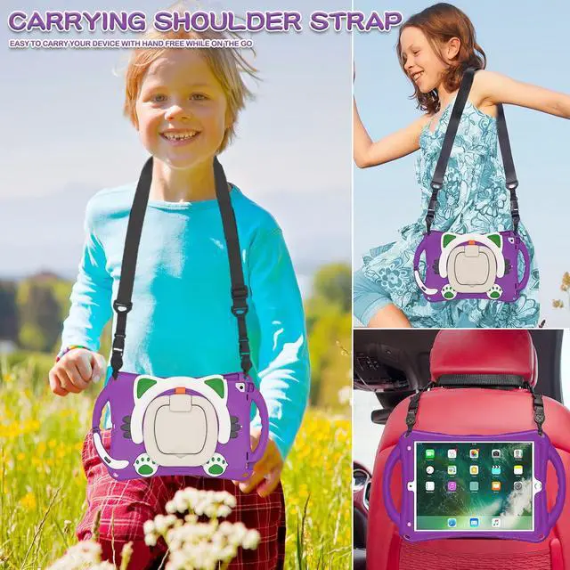 Alt view image 4 of 5 - BATYUE Case for iPad 9th/8th/7th Generation 10.2 inch (2021/2020/2019), with Rotating Stand, Pencil Holder, Carrying Shoulder Strap, Cute Cat Case for Kids (Purple)