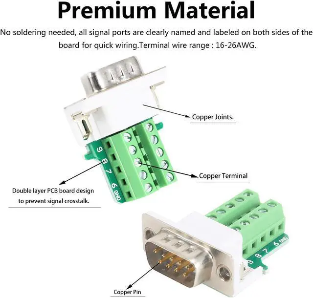 Alt view image 3 of 5 - BIFALE DB9 Breakout Connector (5 Male+5 Female), DB9 Solderless Connector RS232 D-SUB Serial Adapters 16mm thinner 9 Pin Port Terminal Breakout Board with Case Long Bolts Tail Pipe