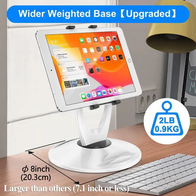 Alt view image 2 of 5 - DeskLogics iPad Stand for Desk, Tablet Holder - 6 inch to 13 inch - Stable, Adjustable - 360deg Swivel Angle Pen Phone iPad Stand for Store, Retail Kiosk, Reception, Home Office, Gift Ideas - White