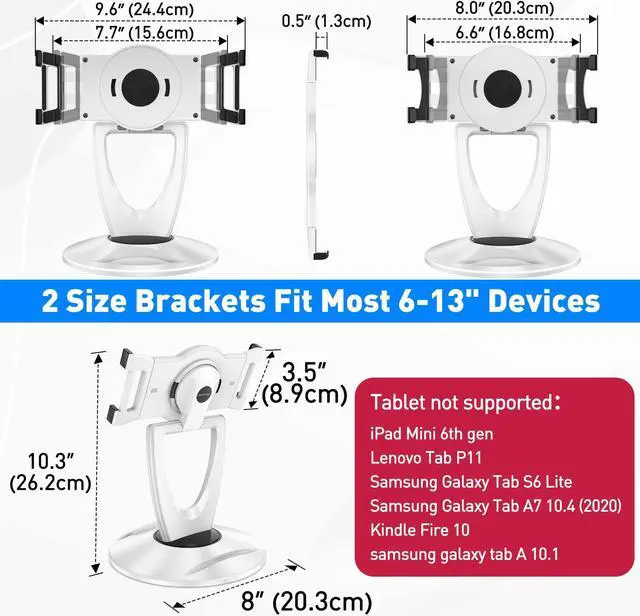 Alt view image 5 of 5 - DeskLogics iPad Stand for Desk, Tablet Holder - 6 inch to 13 inch - Stable, Adjustable - 360deg Swivel Angle Pen Phone iPad Stand for Store, Retail Kiosk, Reception, Home Office, Gift Ideas - White