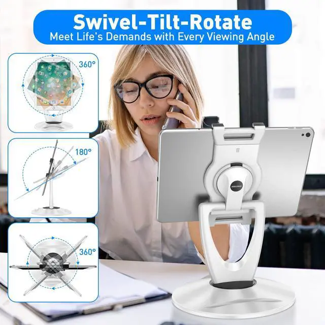 Alt view image 4 of 5 - DeskLogics iPad Stand for Desk, Tablet Holder - 6 inch to 13 inch - Stable, Adjustable - 360deg Swivel Angle Pen Phone iPad Stand for Store, Retail Kiosk, Reception, Home Office, Gift Ideas - White