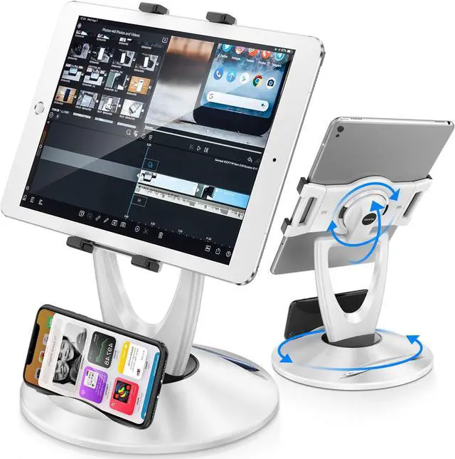 Main image of DeskLogics iPad Stand for Desk, Tablet Holder - 6 inch to 13 inch - Stable, Adjustable - 360deg Swivel Angle Pen Phone iPad Stand for Store, Retail Kiosk, Reception, Home Office, Gift Ideas - White