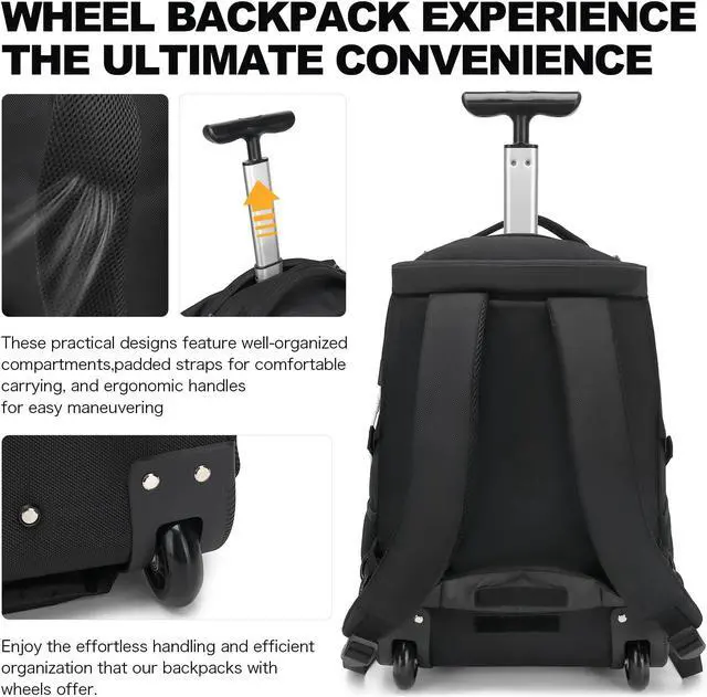Alt view image 5 of 5 - Boavan Rolling Backpack,17 inch Water Resistant Wheeled Backpack,Carry on Luggage Business Bag, Overnight College Computer Trolley Suitcase for Men Women Adults to TravelBlack