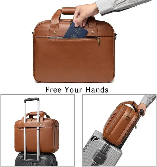 Alt view image 3 of 5 - Bosidu Leather Briefcases for Men 15.6 Inch Laptop Messenger Bag with Triple Compartments Water-Resistant Computer Shoulder Bag for Business, Travel, Work, Office, Coffee