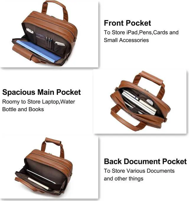 Alt view image 2 of 5 - Bosidu Leather Briefcases for Men 15.6 Inch Laptop Messenger Bag with Triple Compartments Water-Resistant Computer Shoulder Bag for Business, Travel, Work, Office, Coffee