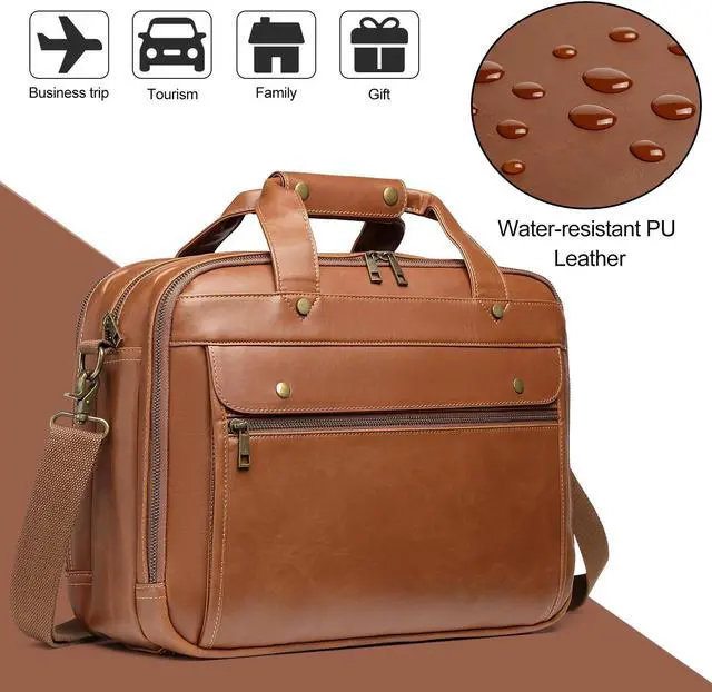Alt view image 4 of 5 - Bosidu Leather Briefcases for Men 15.6 Inch Laptop Messenger Bag with Triple Compartments Water-Resistant Computer Shoulder Bag for Business, Travel, Work, Office, Coffee