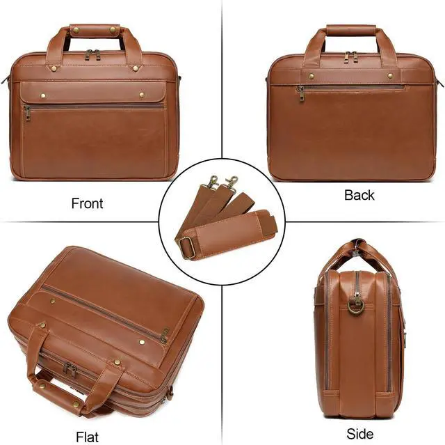 Alt view image 5 of 5 - Bosidu Leather Briefcases for Men 15.6 Inch Laptop Messenger Bag with Triple Compartments Water-Resistant Computer Shoulder Bag for Business, Travel, Work, Office, Coffee