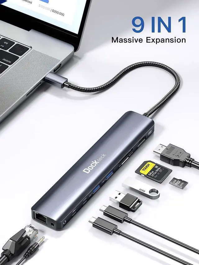 Alt view image 2 of 5 - USB C Hub, 9 in 1 Dockteck USB C to HDMI Adapter with 4K@60Hz, 1Gbps Ethernet, 100W PD, Audio, USB-C and 2 USB-A 5 Gbps Data Ports, SD/TF Card Reader, for MacBook Pro/Air, iPad Pro, XPS, Microsoft