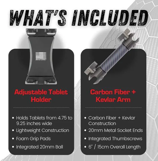 Alt view image 4 of 5 - Bulletpoint Mounting Solutions Universal Tablet Mount for Truck Compatible with Apple iPad & Samsung Tablets - 20mm Integrated Ball with 7cm Matte Carbon Fiber + Kevlar Mounting Arm