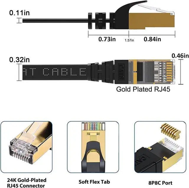 Alt view image 3 of 5 - BUSOHE Cat 8 Ethernet Cable 200 FT, 40Gbps 2000MHz CAT8 High Speed Flat Internet Network Patch Cord, Shielded LAN Wire with Gold Plated RJ45 Connector for Outdoor&Indoor, with Clips - 200FT Black