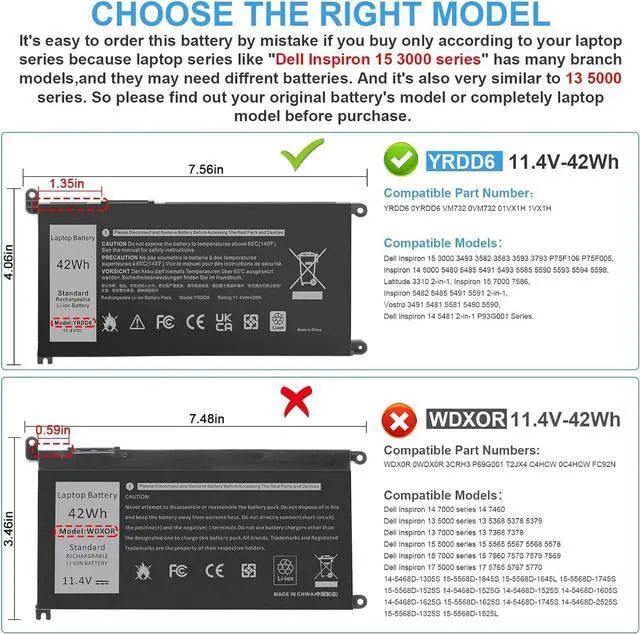 Alt view image 4 of 4 - DELL YRDD6 11.4V 42Wh Battery For DELL Inspiron 3493 3582 3583 3584 3593 3793 5480 5482 5485 5488 5491 5493 5585 5590 5591 5593 5594 5598,Vostro 3490 3590 3491 5481 5581 5490 5590,Latitude 3310 laptop