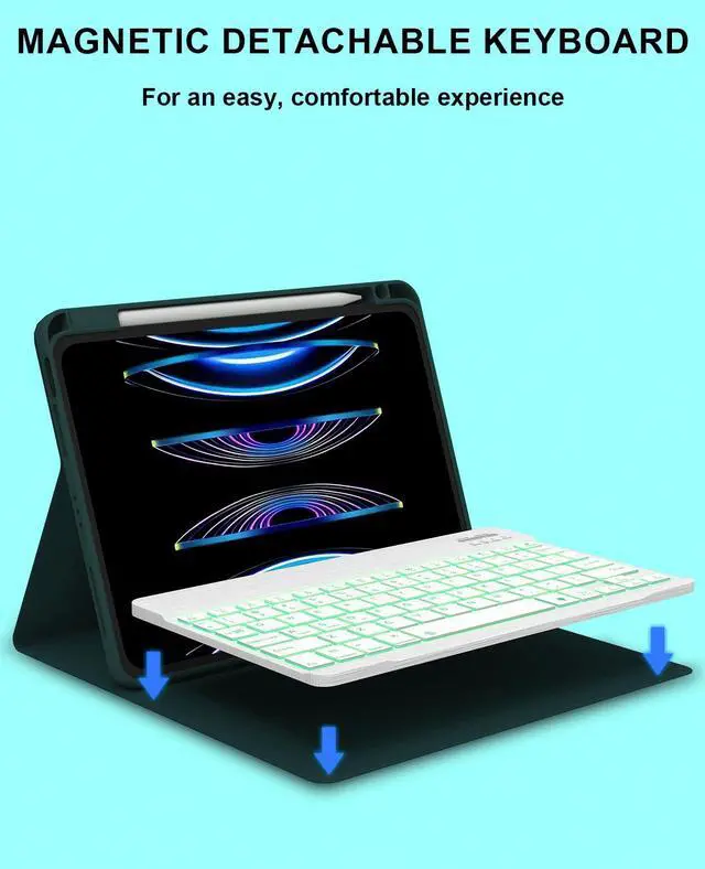 Alt view image 3 of 5 - C INVERTER Keyboard Case for iPad Air 5th 4th Generation 2022/2020, iPad Pro 1st/2nd/3rd Gen 2018/2020/2021, 10.9 inch Case with Pencil Holder & 7 Colors Backlit Magnetic Bluetooth Keyboard(Teal)
