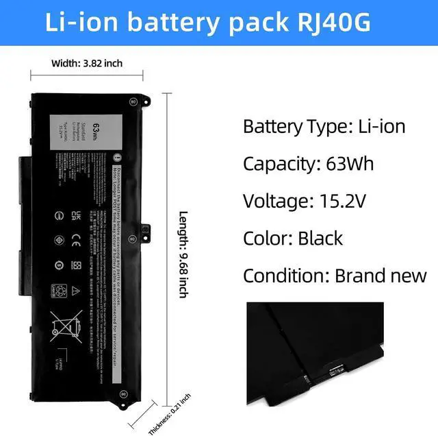 Alt view image 2 of 5 - NBULBL RJ40G Laptop Battery Replacement for Dell Latitude 14 5420 Latitude 15 5520 Precision 15 3560 Series P137G P137G001 P104F P104F001 P104F002 075X16 01K2CF WY9DX 0WK3F1 0M3KCN 15.2V 3941mAh
