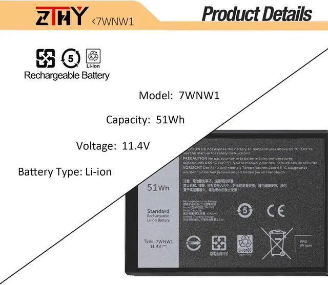 Alt view image 2 of 5 - ZTHY 7WNW1 Laptop Battery Replacement for Dell Latitude 5424 5420 Rugged Latitude 7424 Rugged Extreme P137G P85G P86G P137G001 P137G002 P85G001 P86G001 DMF8C GK3D3 6NNCF DP3KF DMF0C 451-BCHV 51Wh