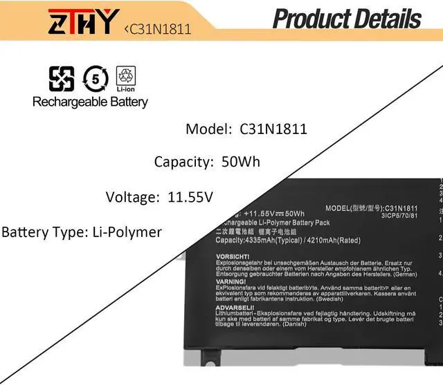 Alt view image 2 of 5 - ZTHY 50Wh C31N1811 Laptop Battery Replacement for Asus ZenBook 14 UX433F UX433FA UX433FN RX433F RX433FA RX433FN BX433F BX433FN U4300F U4300FA U4300FN Deluxe13 14 UX433FA-DH74 UX433FA-A6061T A5085T