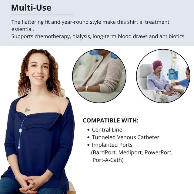 Alt view image 3 of 4 - Care+Wear - Womens Long-Sleeve Chest Port Access Shirt (X-Small, Navy) - Ideal for Chemotherapy - Comfortable and Flattering Fit - All-Day Comfort and Effortless Style