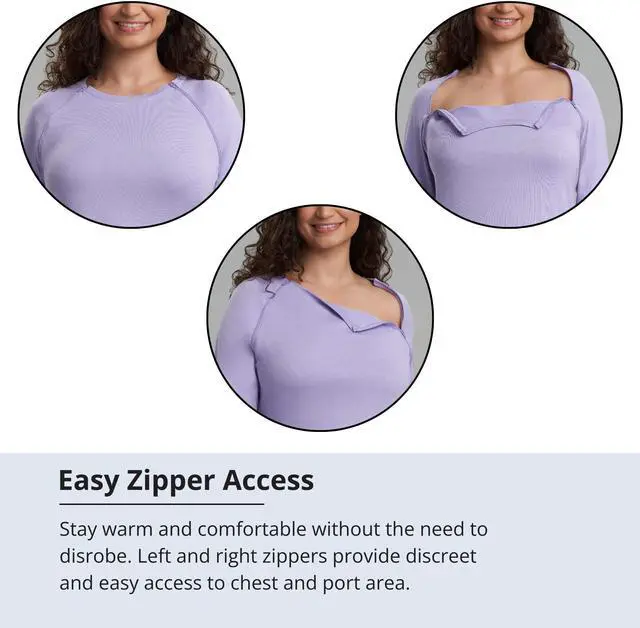 Alt view image 4 of 5 - Care+Wear Women's Long-Sleeve Chest Port Access Shirt - Women's Long-Sleeve Shirt with Port Access for Central Line (X-Large, Lavender)