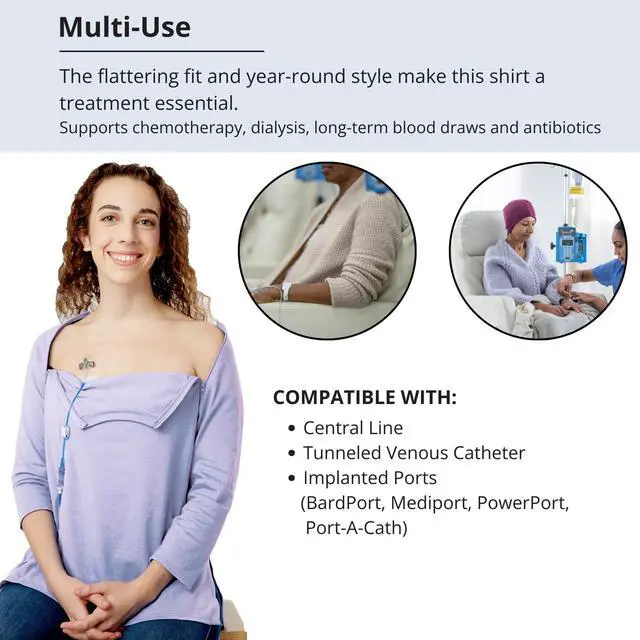 Alt view image 3 of 5 - Care+Wear Women's Long-Sleeve Chest Port Access Shirt - Women's Long-Sleeve Shirt with Port Access for Central Line (X-Large, Lavender)