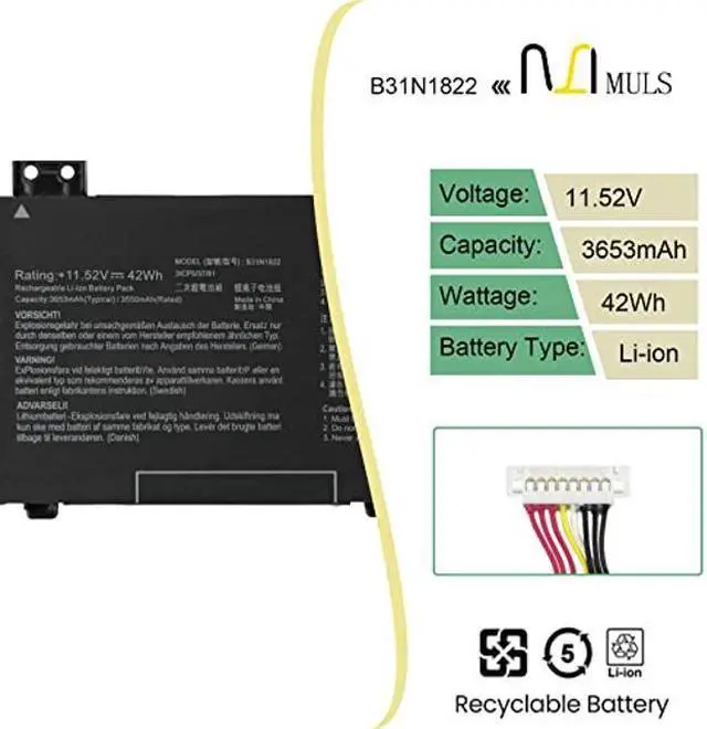 Alt view image 2 of 5 - MULS B31N1822 Laptop Battery for ASUS ZenBook Flip 14 UM462DA UM462DA-AI016T UM462DA-AM045T Flip UX461FN-E1029T 14 UX462 UX462D UX462DA UX462DA-2G UX462DA-AI016T UX462DA-AI022T 42Wh 3653mAh 11.52V