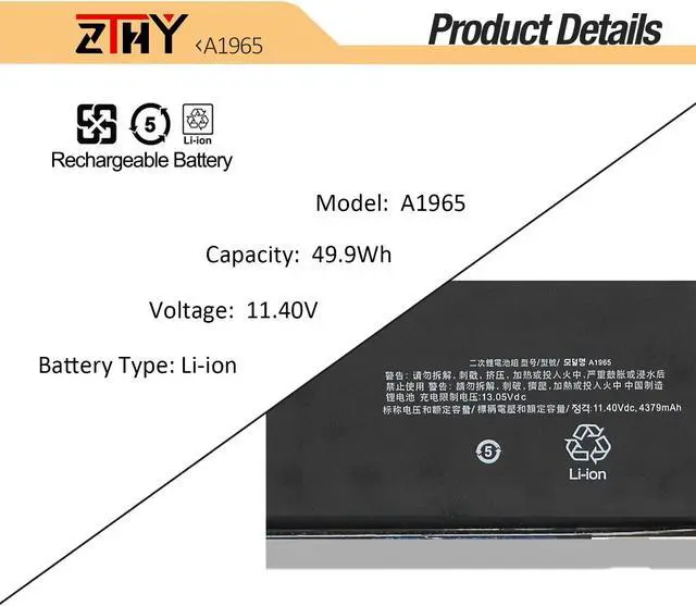 Alt view image 2 of 5 - A1965 A1932 A2179 Battery Replacement for MacBook Air 13" A1932(Late 2018 2019) A2179 (Early 2020) EMC 3184 3302 MacBookAir8,1 8,2 9,1 MRE82LL/A MRE92LL/A MVFH2LL/A MVFM2LL/A MRE82B/A 11.4V 49.9Wh
