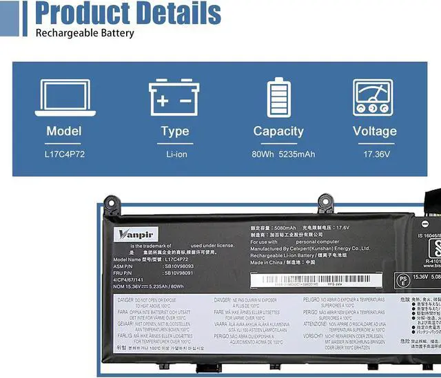Alt view image 2 of 5 - Vanpir L17C4P72 Laptop Battery,15.36V 80Wh 5235mAh Compatible with Lenovo ThinkPad X1 Extreme 1st Gen/2nd Gen ThinkPad P1 1st Gen/2nd Gen Series L17M4P72 01AY968 01AY969 L18M4P71 01YU911 5B10V98091