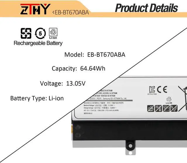 Alt view image 3 of 5 - ZTHY 64.64Wh EB-BT670ABA EB-BT670ABE Laptop Battery Replacement for Samsung Galaxy View 18.4" SM-T670 SM-T677A Series AA2GA26BS AA2GC05BS AA2GB07BS AA2GB07B AA1G907KS AA1GA02BS AA2GC16BS AA2GB23BS