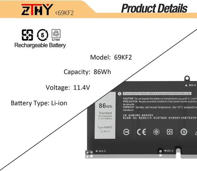 Alt view image 3 of 5 - ZTHY 69KF2 Battery Replacement for Dell XPS 15 9500 9510 9520 9530 Precision 5550 5560 G15 5510 5511 5520 5515 5521 G7 15 7500 P91F P87F 0GFJ6 Inspiron 7510 7610 7620 11.4V 86Wh 6-Cell