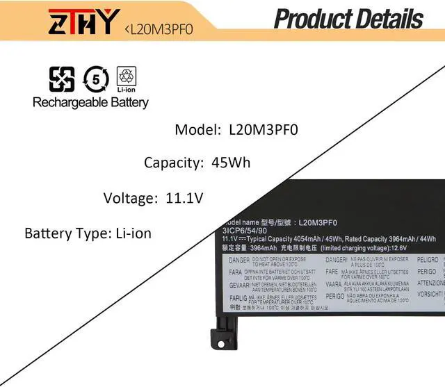 Alt view image 3 of 5 - ZTHY L20M3PF0 L20C3PF0 L20L3PF0 Laptop Battery Replacement for Lenovo K14 S14 V14 V15 V17 G2-ITL G3-IAP G3-ABA IdeaPad 3-14ITL6 3-15ITL6 3-17ITL6 3-14ADA6 3-15IAU7 3-14ALC6 3-17ADA6 Series 45Wh 11.1V