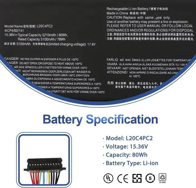Alt view image 2 of 5 - ANTIEE L20C4PC2 L20M4PC2 Laptop Battery for Lenovo Legion 5-17ITH6 82JN 5-17ITH6H 82JM 5-17ACH6 82K0 5-17ACH6H 82JY Series 5B11B53885 5B11B53889 SB11B53884 SB11B53887 15.36V 80Wh