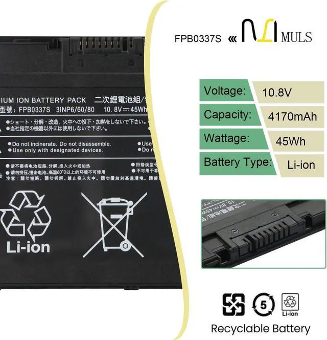 Alt view image 2 of 5 - MULS 45Wh FPB0337S Laptop Battery Replacement for Fujitsu Lifebook P727 P728 U727 U728 U729 U729X Series FPCBP528 FPCBP530 FMVNBP245 FMVNBP246 3INP6/60/80 10.8V 3-Cell