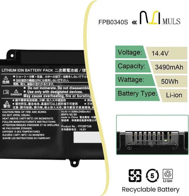 Alt view image 2 of 5 - MULS 50Wh FPB0340S Laptop Battery Replacement for Fujitsu LifeBook U937 U938 U939 U939X U9310 U9310X U9311X Series FPCBP536 4INP5/60/80 CP730401-01 CP737634-01 CP749820-01 CP760852-03 3490mAh 4-Cell