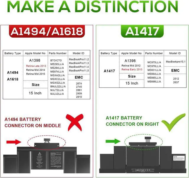Alt view image 2 of 5 - A1417 Laptop Battery Replacement for MacBook Pro 15 inch Retina A1398 [ Mid 2012 Early 2013], fits MD831LL/A MC975LL/A MC976LL/A ME665LL/A ME664LL/A
