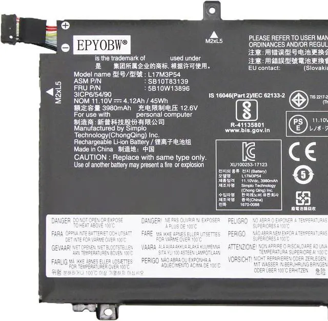 Alt view image 2 of 5 - EPYOBW L17M3P54 L17M3P53 L17C3P52 Battery 45Wh 4120mAh 3-Cell 11.1V Compatible with Lenovo ThinkPad L480 L490 L580 L590 / ThinkPad L14 L15 / ThinkPad L14 Gen 2 / ThinkPad L15 Gen 2 Series L17L3P52