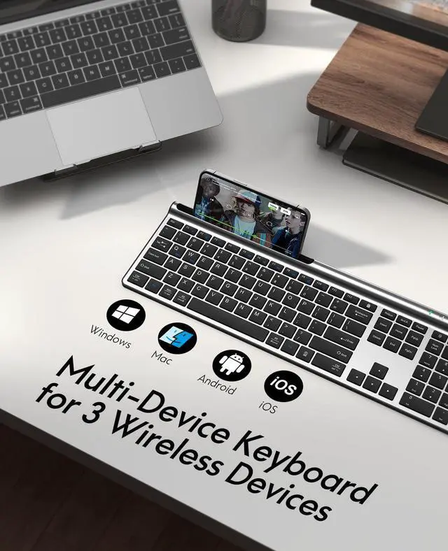 Alt view image 2 of 5 - CHESONA Wireless Keyboard and Mouse Combo, Wireless Rechargeable Full Size Mulit-Device (BT 5.0+3.0+2.4G) Keyboard Mouse Combo for Mac OS/iOS/Windows/Android (Silver Black)