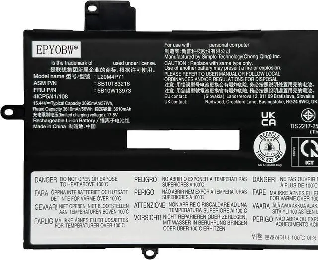 Alt view image 2 of 5 - EPYOBW L20M4P71 L20C4P71 5B10W13975 Laptop Battery 57Wh Compatible with Lenovo ThinkPad X1 Carbon 9th Gen / 10th Gen / 11th Gen/ThinkPad X1 Yoga 6th Gen / 7th Gen / 8th Gen Series L20L4P71 L20D4P71