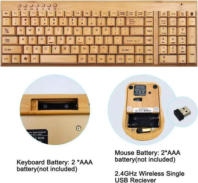 Alt view image 5 of 5 - Smart Tech Handcrafted Natural Bamboo Wooden PC Wireless 2.4GHz Keyboard and Mouse Combo
