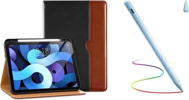 Main image of DTTO iPad Air 5th/4th Generation Case, Premium Leather Folio Stand Cover with Pencil Holder, and Stylus Pen for iPad Air 10.9 inch 2022/2020, BlackBrown and Light Blue
