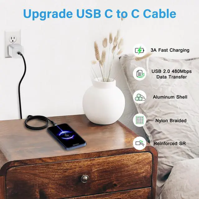 Alt view image 5 of 5 - USB C to USB C Cable (8 FT, 20-Pack), Multi Pack Bulk Nylon PD USB C Charger Cable, 3A 60W Fast Charging for iPhone 15/15 Pro /15 Plus /15 Pro Max, iPad Mini/Air/Pro, MacBook Pro, Galaxy S23, LG